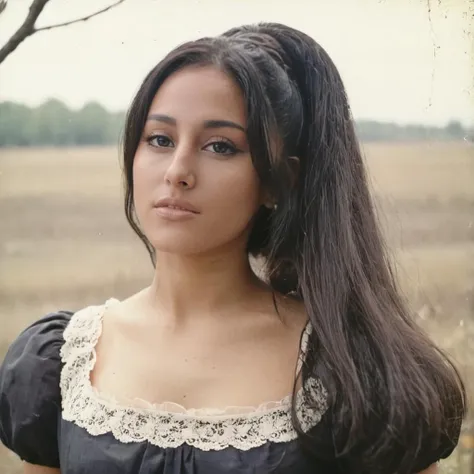 analog film photo close-up photo of 4r1ana a woman, black hair, wearing a old fashion dress, 90s, looking at viewer, <lora:Ariana_Grande_2019:.9> . faded film, desaturated, 35mm photo, grainy, vignette, vintage, Kodachrome, Lomography, stained, highly deta...