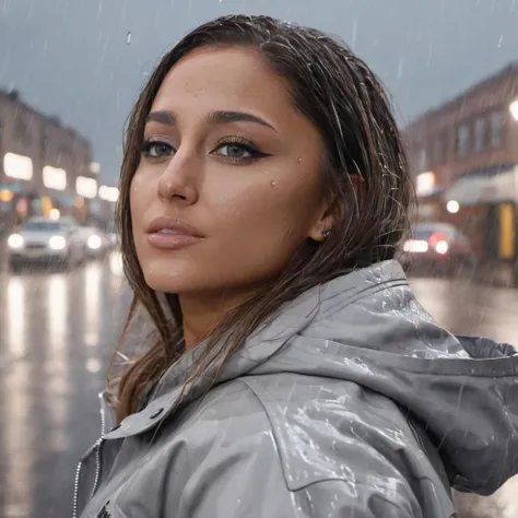 Hyperrealistic art close-up photo of 4r1ana a woman, wearing a gray jacket, in the rain, on a street, nighttime, lights, looking at viewer, <lora:Ariana_Grande_2019:.9> . Extremely high-resolution details, photographic, realism pushed to extreme, fine text...