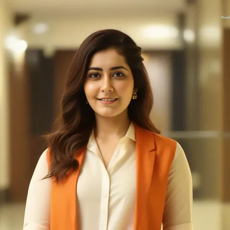 anusha in orange vest and white shirt smiling