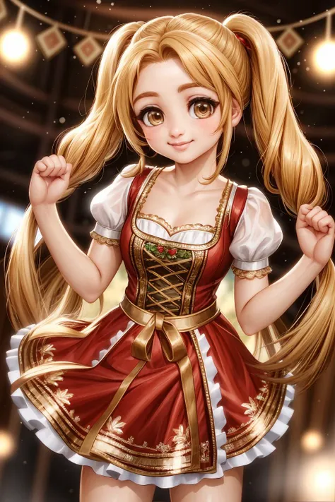 a girl with long blonde hair wearing a red dress and a gold bow