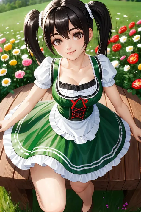 anime girl sitting on a bench in a field of flowers