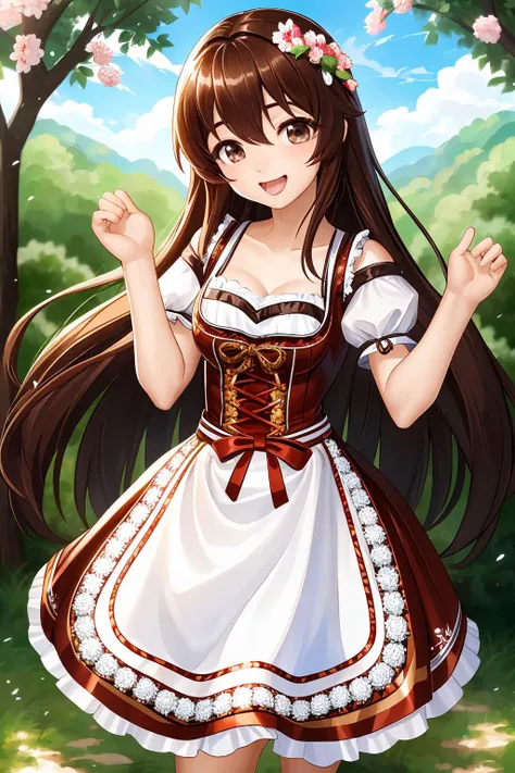 a girl in a dress with long brown hair and a flower in her hair