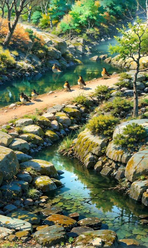 painting of a stream running through a forest filled with rocks