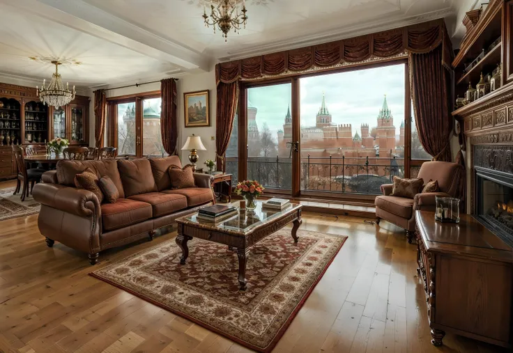 arafed living room with a fireplace and a large window