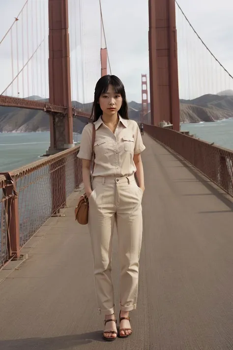 <lora:sora_izumi_obj20:0.7>, full_body, standing, sandals, (shirt), pants, (golden gate bridge), (sora_izumi: 1.2), perfect face, (contact iris: 1.1), pale skin, skin pores , depth of field