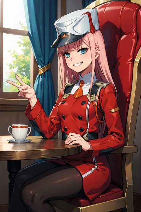 masterpiece, best quality, zerotwo, peaked cap, horns, red dress, pantyhose, furrowed brow, smirk, grin, sitting, chair, table <lora:zerotwo-nvwls-v1-000009:1>