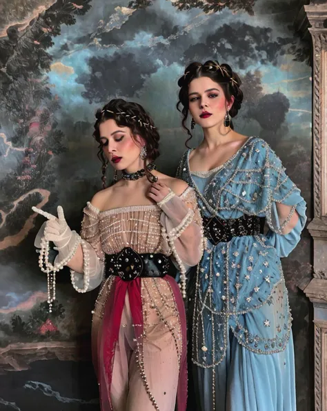 two women in fancy clothing posing for a picture in front of a painting