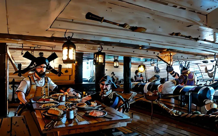 wooden planks, gun deck, cannons, mess table, below deck, ((pirate crew eats dinner), pirate men, eating, banquet, biscuits, meat, ale,)