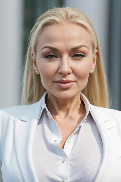 HD photo of beautiful mshn_kaylagreen in a white suit and a blouse closeup