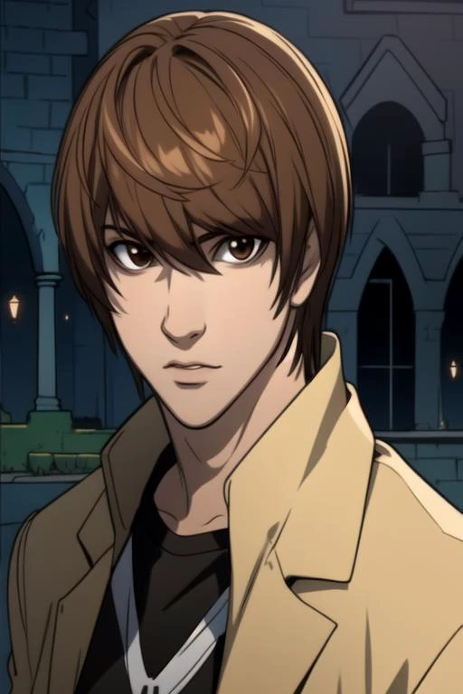 masterpiece, best quality, photorealistic, 1boy, solo, male focus, looking at viewer, , depth of field, , , <lora:light_yagami:0.8>, light_yagami, brown hair, brown eyes, , The Castle of Shadows, 12k resolution