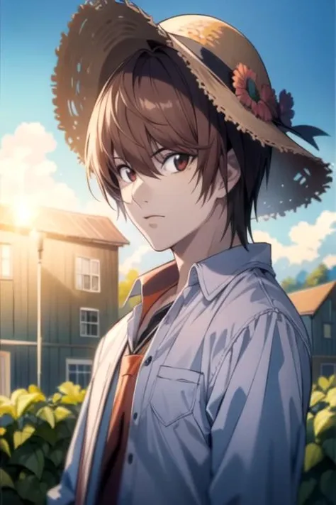 masterpiece, best quality, illustration, 1boy, solo, male focus, looking at viewer, upper body, depth of field, , , <lora:light_yagami:0.74>, light_yagami, , henley, sun hat, barn,