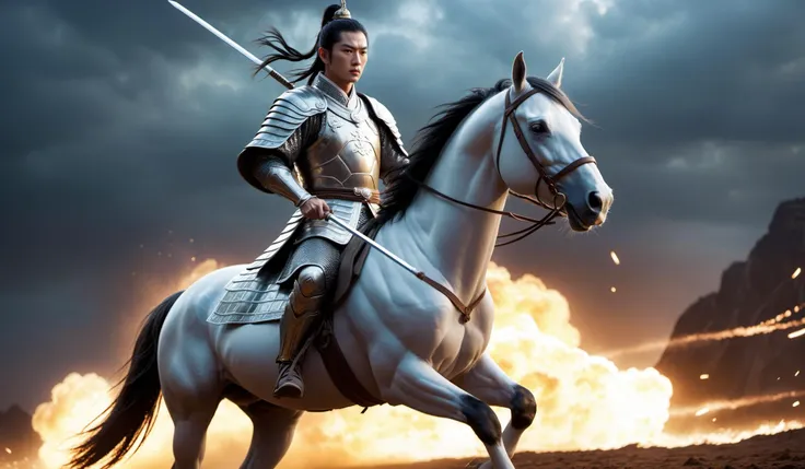 (((ZhaoYun))),Zhao Yun, riding a horse, one horse is worth a thousand, the Three Kingdoms era, ancient Chinese battlefield,thousands of troops,
(Best quality,masterpiece,absurdres:1.4),shine,glowing,sparkling,(dynamic angle,dynamic pose),(Close-up photo:1....