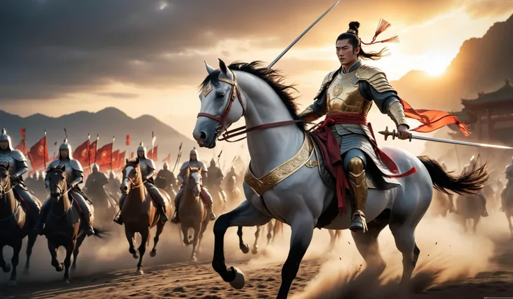 (((ZhaoYun))),Zhao Yun, riding a horse, one horse is worth a thousand, the Three Kingdoms era, ancient Chinese battlefield,thousands of troops and horses, charging into battle,attacking cities and plundering territory,holding spear,
(Best quality,masterpi...