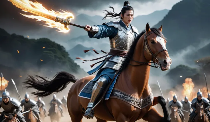 (((ZhaoYun))),Zhao Yun, riding a horse, one horse is worth a thousand, the Three Kingdoms era, ancient Chinese battlefield,thousands of troops,
(Best quality,masterpiece,absurdres:1.4),shine,glowing,sparkling,(dynamic angle,dynamic pose),(whole_body:1.3),s...