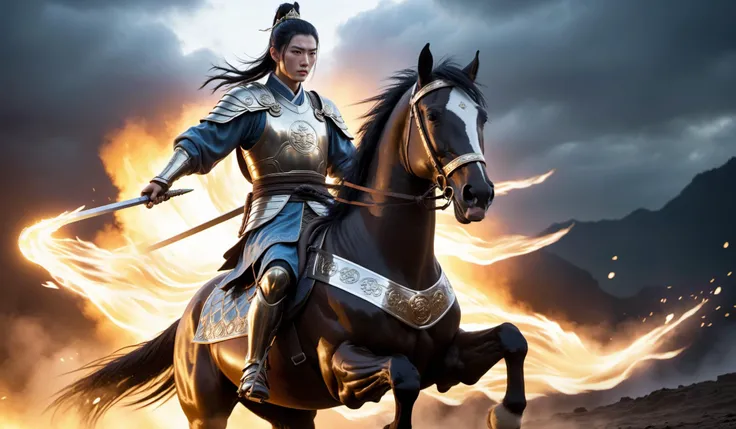 (((ZhaoYun))),Zhao Yun, riding a horse, one horse is worth a thousand, the Three Kingdoms era, ancient Chinese battlefield,
(Best quality,masterpiece,absurdres:1.4),shine,glowing,sparkling,(dynamic angle,dynamic pose),(whole_body:1.3),sad,disdainful ,auspi...