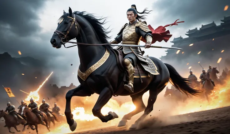 (((ZhaoYun))),Zhao Yun, riding a horse, one horse is worth a thousand, the Three Kingdoms era, ancient Chinese battlefield,thousands of troops and horses, charging into battle,attacking cities and plundering territory,
(Best quality,masterpiece,absurdres:1...