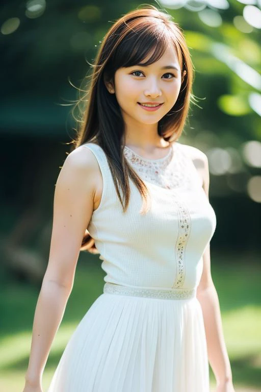 a woman in a white dress standing in a park