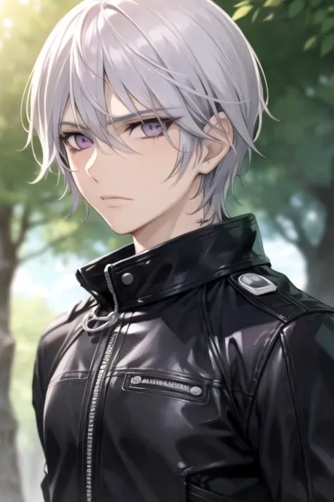 masterpiece, best quality, photorealistic, 1boy, solo, male focus, looking at viewer, upper body, depth of field, anime coloring, , <lora:zero_kiryuu:0.66>, zero_kiryuu, grey hair, purple eyes, biker costume, , 16k resolution