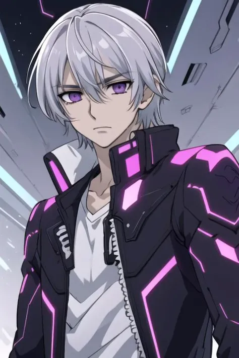 masterpiece, best quality, , 1boy, solo, male focus, looking at viewer, upper body, , anime coloring, , <lora:zero_kiryuu:0.68>, zero_kiryuu, grey hair, purple eyes, , , science fiction cyber-horror, 8k resolution