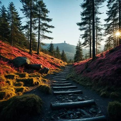 (((on a trail with harz mountains in the background))), volumetric lighting, vibrant colors, 4k epic detailed, shot on kodak, 35...