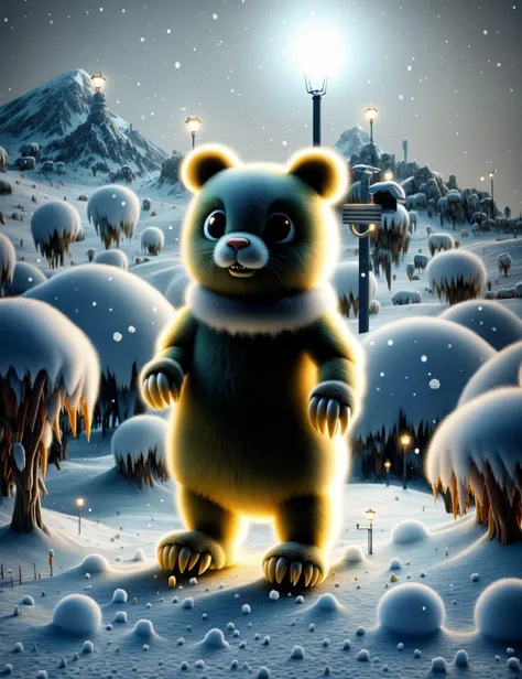 masterpiece, awesome quality, hyper detailed, DonMT33thXL, rabbit-bear, small stocky, illusive cute agile timeless unaging awesome fairytale creature, angelic,customized,curious,atmospheric sciences,streetlights,radioactive,snow-capped peaks,farming,monito...