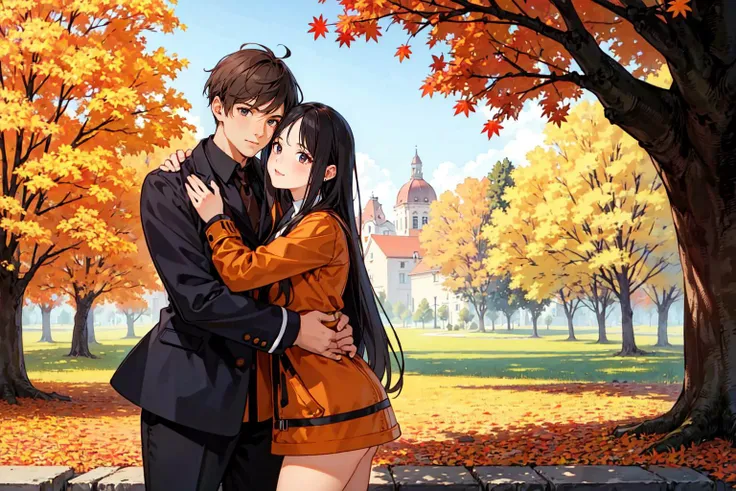 (masterpiece),(best quality:1.6), (ultra-detailed),girl hug man, autumn,