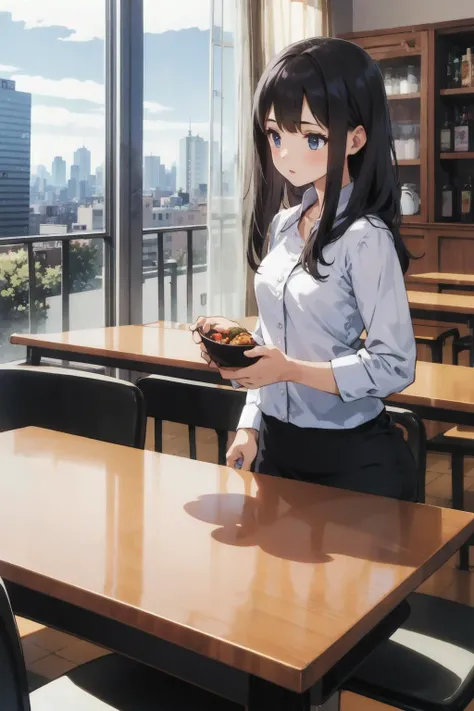 (best quality:1.6), (ultra-detailed),girl, cafeteria ,cityscape,