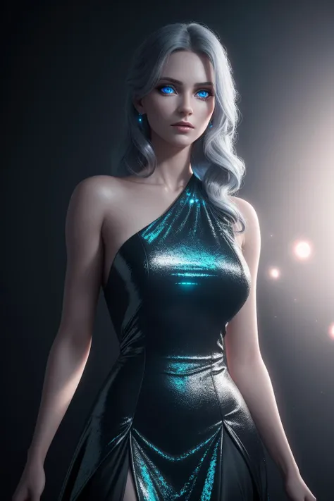 8k, octane render, a photo of a stunning woman, temptress, wearing a dress, cowboy shot, ultra detailed, chromatic aberration, light particles, flawless, realistic skin, beautiful detailed eyes, detailed skin, grey-blue eyes, bioluminescent background,