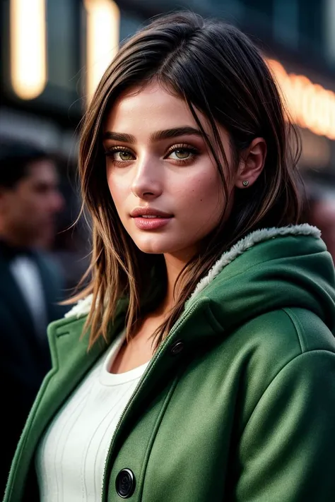 photo of beautiful (tayh1ll-135:0.99), a woman in a (movie premiere gala:1.1), perfect hair, wearing green (duffel coat:1.1),  ((Werewolf:1.1)), modelshoot style, (extremely detailed CG unity 8k wallpaper), professional majestic (photography by  walker eva...