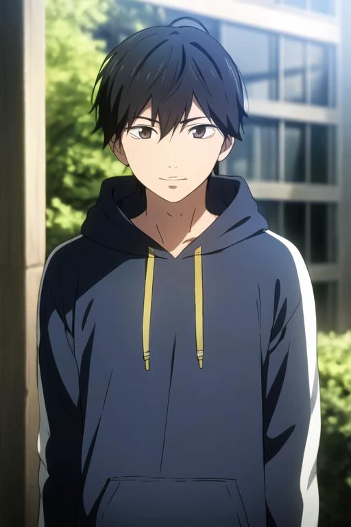 masterpiece, best quality, high quality, 1boy, solo, male focus, looking at viewer, upper body, depth of field, <lora:kakeru_naruse:0.74>, kakeru_naruse, , hoodie