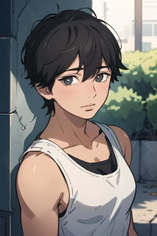 masterpiece, best quality, ultra-detailed, illustration, 1boy, solo, male focus, looking at viewer, upper body, depth of field, <lora:kakeru_naruse:0.70>, kakeru_naruse, , tank top