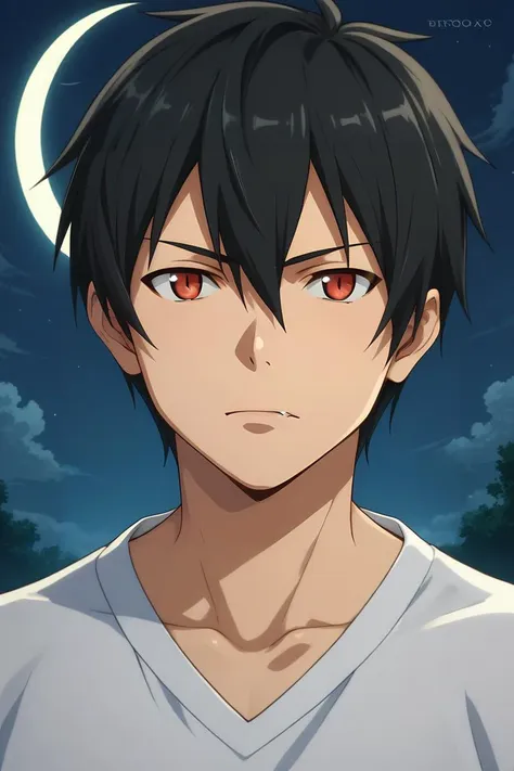 a man with black hair and red eyes standing in front of a moon