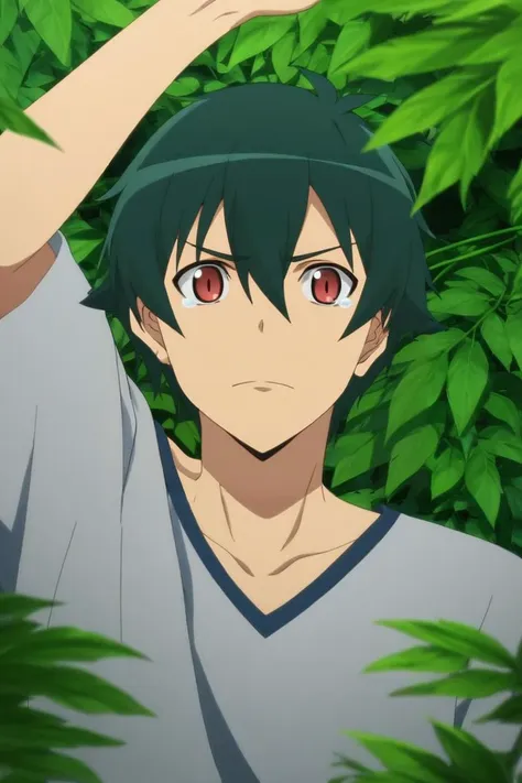 a man with green hair and red eyes standing in front of a bush