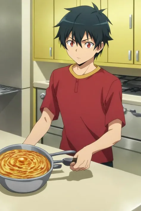 anime boy in red shirt preparing food in kitchen with wooden cabinets