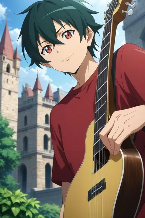 a man with green hair holding a guitar in front of a castle