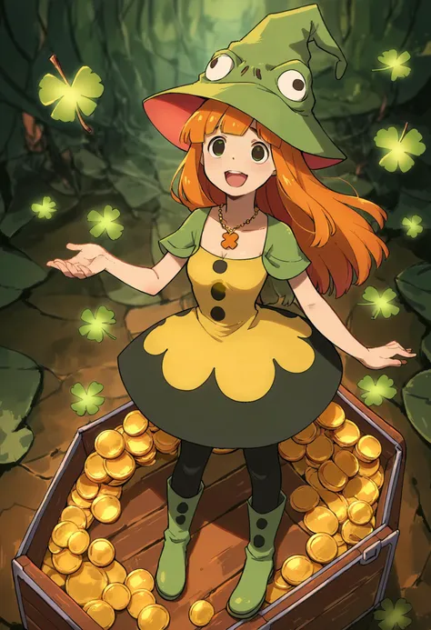 (score_9,score_8_up,score_7_up,score_6_up,score_5_up,score_4_up, source_anime, realistic:1.2),  from above, from afar, (contrasting colors, bright colors:1.1),  (Eruka_Frog, green hat, leprechaun hat:1.3), rating_safe, clover sprouting, forest spirits, 1gi...