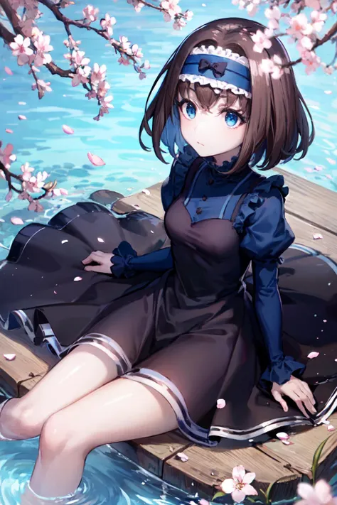 anime girl sitting on a dock with cherry blossoms in the background