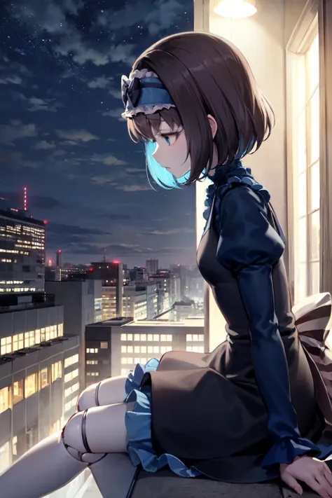 anime girl sitting on a ledge looking out at the city