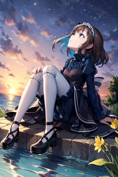 anime girl sitting on a rock by the water with a sunset in the background