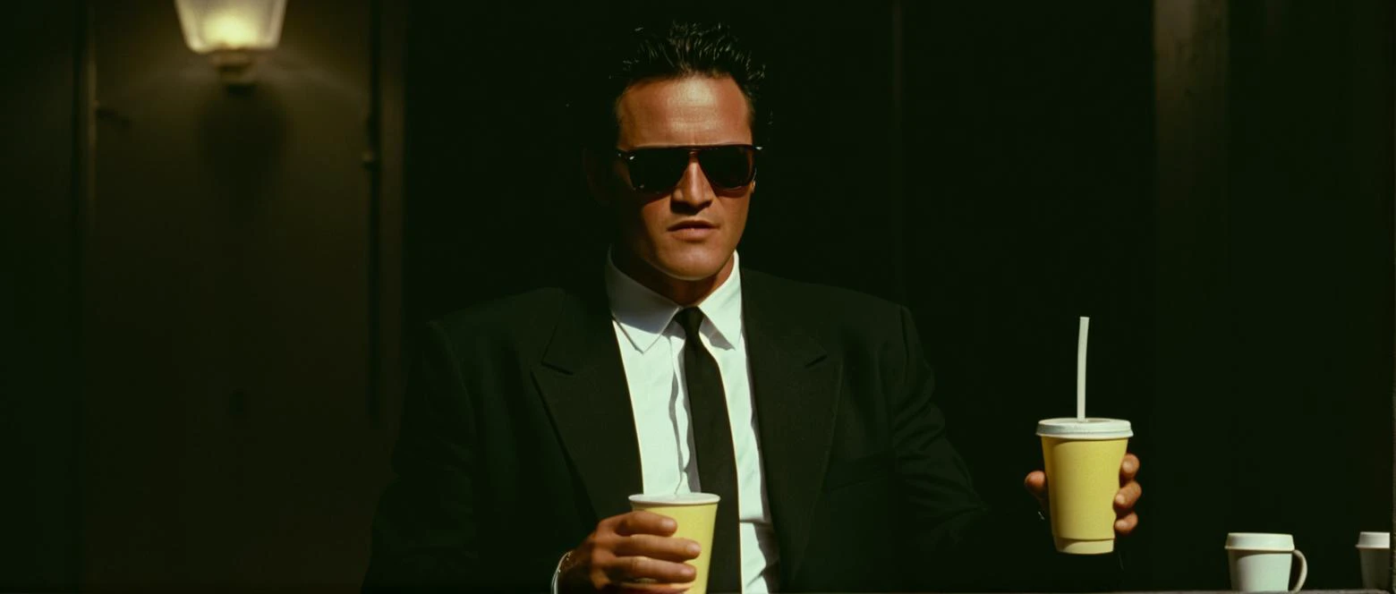 cinematic film still of  <lora:Reservoir Dogs style:1>
Michael Madsen, Cinematic 1992 image focus of Cinematic 1992 image focus of a man in a suit and sunglasses holding a drink,solo,shirt,black hair,long sleeves,1boy,holding,jacket,white shirt,male focus,...