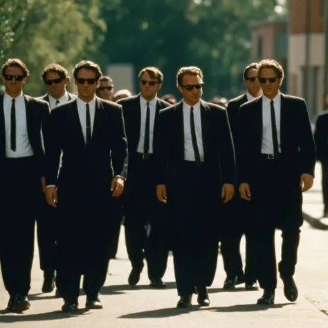 cinematic film still of cinematic film still of  <lora:Reservoir Dogs style:0.9>
Cinematic 1992 image focus of Cinematic 1992 image focus of a group of men in suits and ties walking down a street,male focus,multiple boys,necktie,facial hair,parody,formal,s...