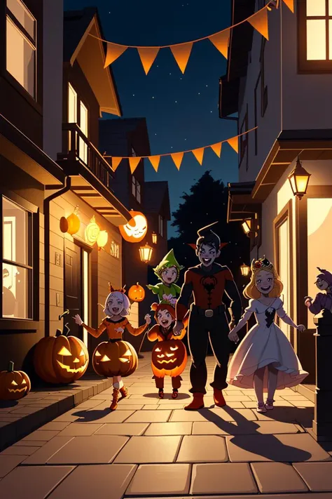 A group of kids is trick-or-treating in a neighborhood. They are wearing costumes of their favorite characters, such as superheroes, princesses, and monsters. They are happy and excited as they knock on doors and collect candies and treats. The neighborhoo...