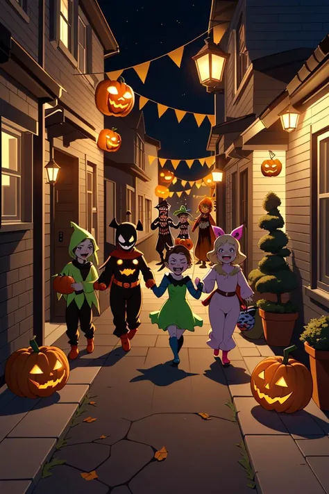 A group of kids is trick-or-treating in a neighborhood. They are wearing costumes of their favorite characters, such as superheroes, princesses, and monsters. They are happy and excited as they knock on doors and collect candies and treats. The neighborhoo...