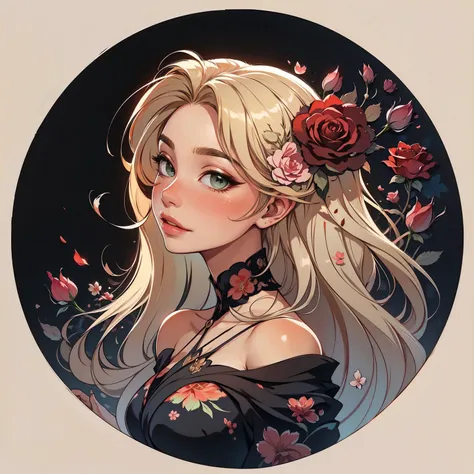 best quality, masterpiece,  1 girl, (head tilted back:1.2), abstract, (surrounded by blossoming flowers:1.2), (flowers, floral theme:1.25), (blonde hair, mid parted hair, straight hair, long hair:1.2), pronounced blush, beautiful green eyes, simple black b...