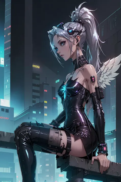 (masterpiece:1.3), (best quality:1.3), ultra realistic, (close up:1.2),
(cyberpunk, science fiction, future city, at night),
(gorgeous skinny Liberian cyber punk angel with huge wings:1.2), Metallic silver low ponytail, skimpy Onyx Black latex pelvic curta...