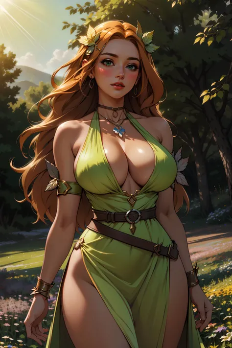 best quality, masterpiece, photorealistic, ultrarealistic,  nophica_tpa posing outside in a (flower meadow)  large breasts, bracelet, armlet, long hair, green dress, leaf hair ornament, necklace, dutch angle, skin texture, (hyperrealism, soft light, sharp)...