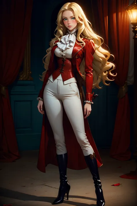 a woman in a red coat and white pants posing for a picture