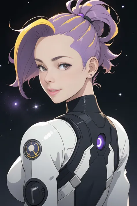 1girl, solo, upper body,  looking at viewer, short hair, high ponytail, space suit, (red eyes:0.8), (portrait:1.3), parted lips, depth of field, happy, cyberpunk, best quality, masterpiece, flowing hair, wind, (yellow hair)(purple hair), highres, realistic...