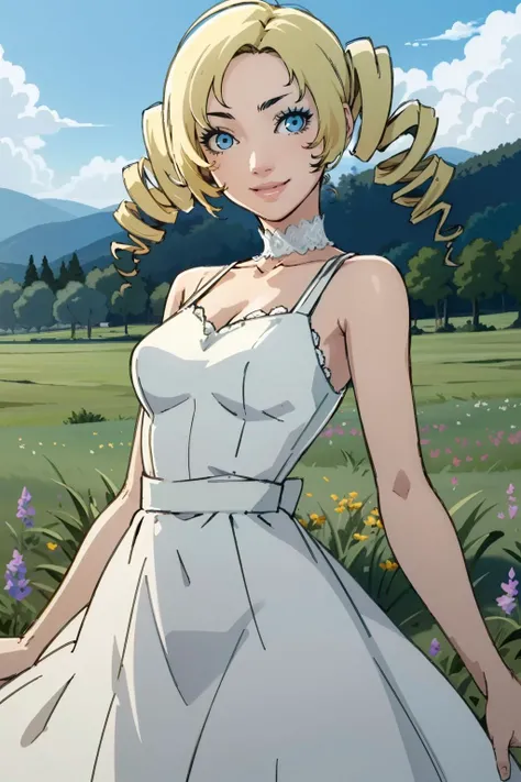 ((ultra detailed, masterpiece, best quality))
<lora:CCatherine:0.8>
CCatherine, 1girl, solo, twintails, drill hair, whie dress, In a field of wildflowers, wearing a flowing dress, smiling