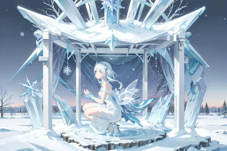 masterpiece, best quality, winter,snowing, snow,full body, 1girl,white_skin,white_hair, ((absurdly long hair)), white_eyes,wavy_hair, messy hair,snowflake hair ornament,pointy_ears,elf,necklace,medium breasts, solo, short_dress, ((light blue dress)), luxur...